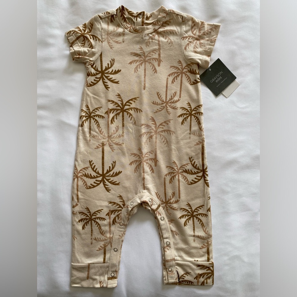 Grayson mini Kids Palm Tree Print One Piece - Cream and Brown